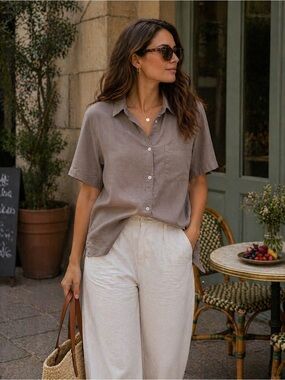 H&M Linen Blend Button Front Shirt Taupe Short Sleeve Relaxed Fit M